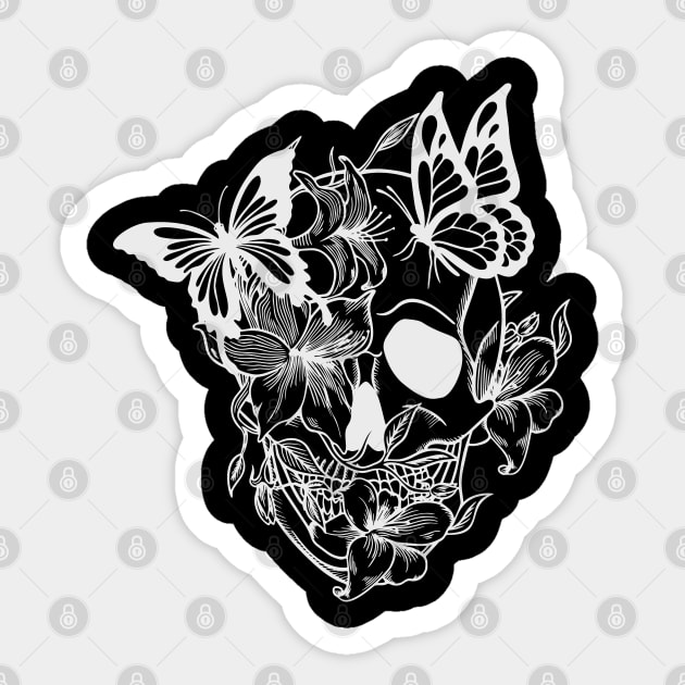 Skull with butterflies and lilies. Cool Hippie Skulls Sticker by alcoshirts